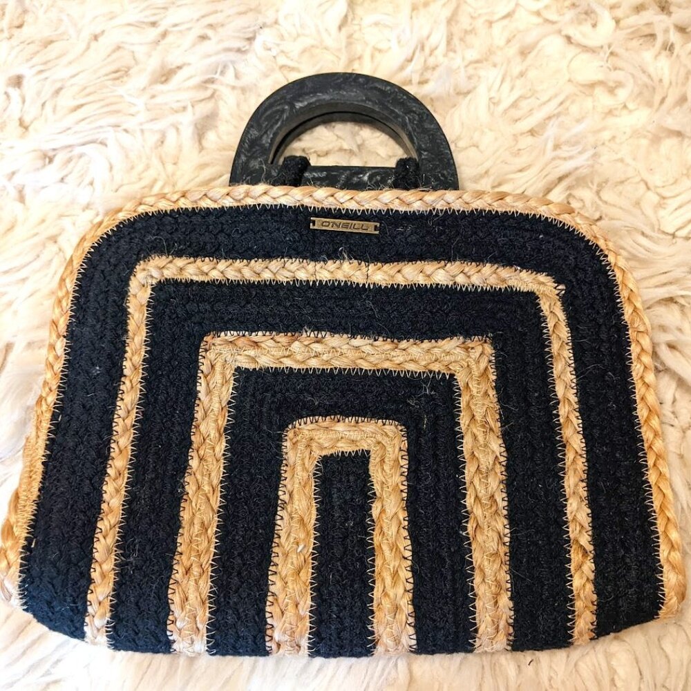 O'NEILL Jute/Cotton Purse with Acetate Handles Black EUC Summer Bag